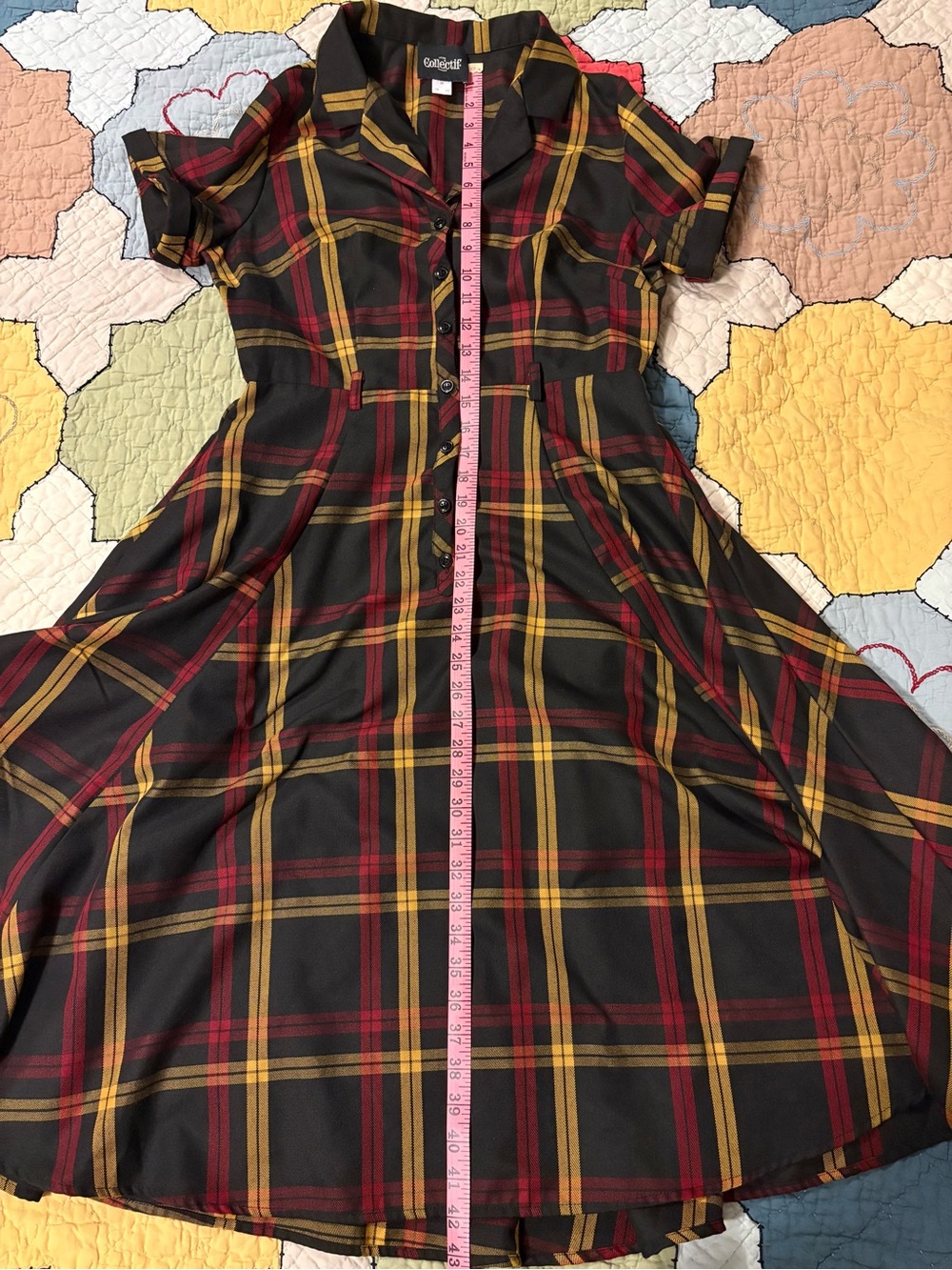 Collectif Caterina Giles Retro 50s Swing Dress with Black Yellow Red Check plaid - Picture 7 of 8